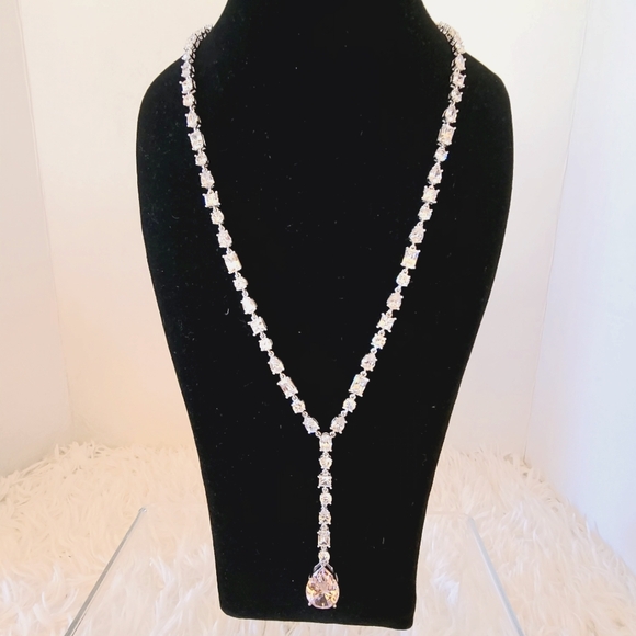 Diamond Simulant Sterling Silver Lariat Necklace - Picture 1 of 12